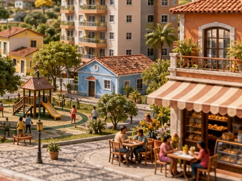 Café na esquina com mesas na calçada